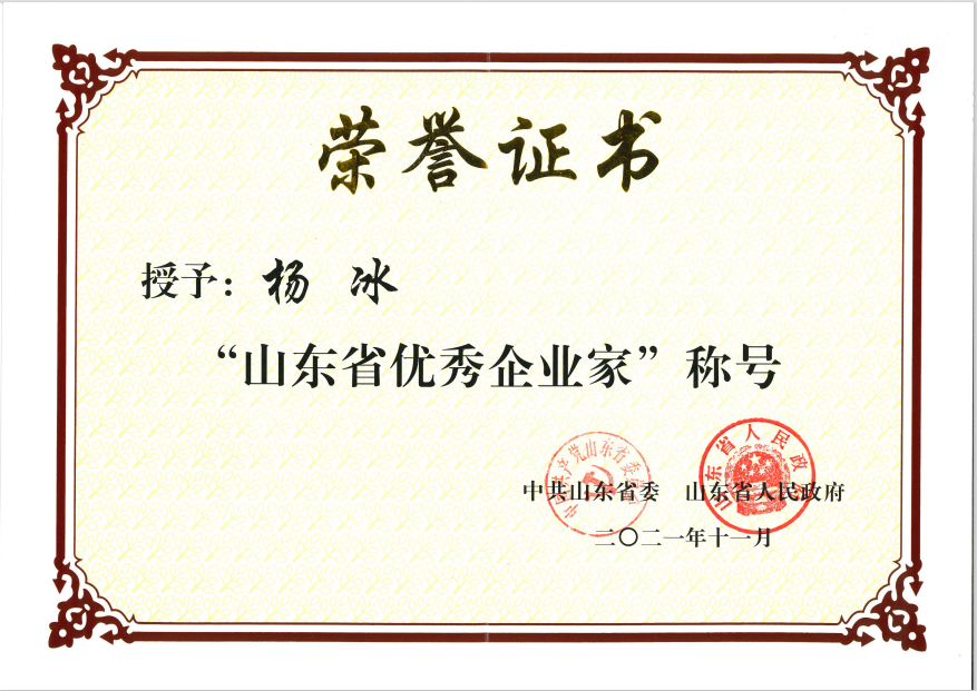公司董事、總經(jīng)理楊冰榮獲“山東省優(yōu)秀企業(yè)家”稱號